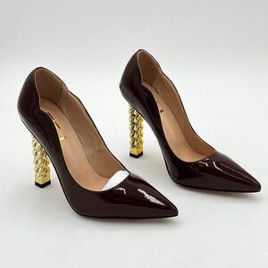 FSJ Brown Gold Metal Chain Chunky High Heel Pointed Toe Slip On Party Shoes
